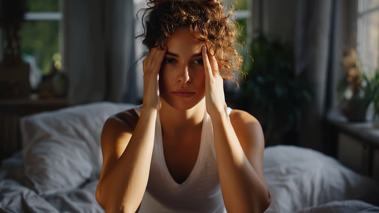 La luce soffusa del mattino filtra attraverso le tapparelle. Una donna con i capelli ricci si tiene la testa, con gli occhi chiusi. È seduta sul letto, l'espressione stanca e pensierosa. La luce naturale evidenzia il suo viso stanco e pensieroso