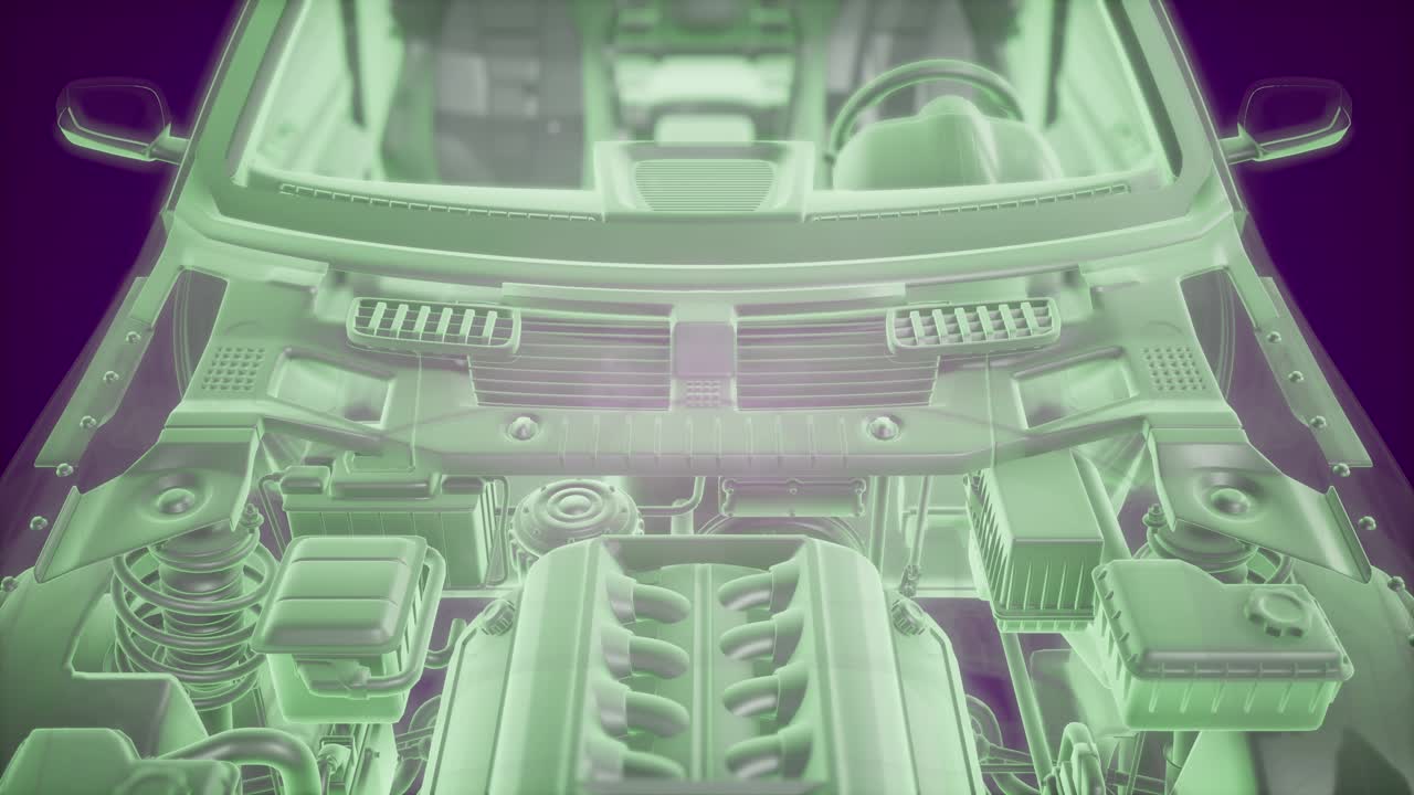 엔진이 있는 3d 와이어프레임 자동차 모델의 홀로그래픽 애니메이션