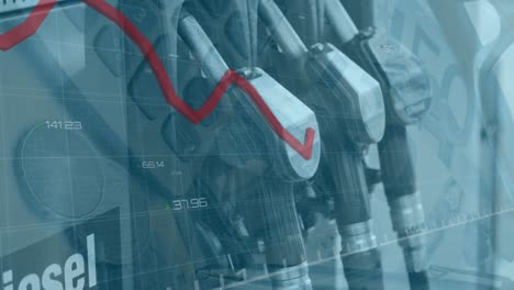 Animation-of-financial-data-processing-with-red-line-over-euro-currency-and-petrol-nozzles