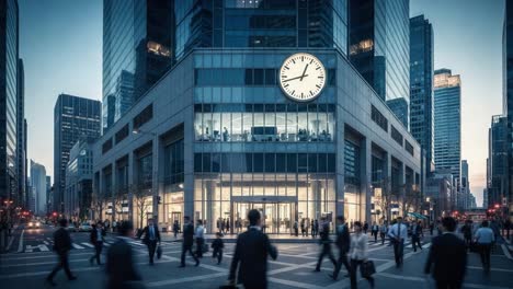 a breathtaking view of a modern cityscape at dusk, showcasing a skyscraper with a prominent clock, busy pedestrians, and glittering lights in a vibrant urban environment