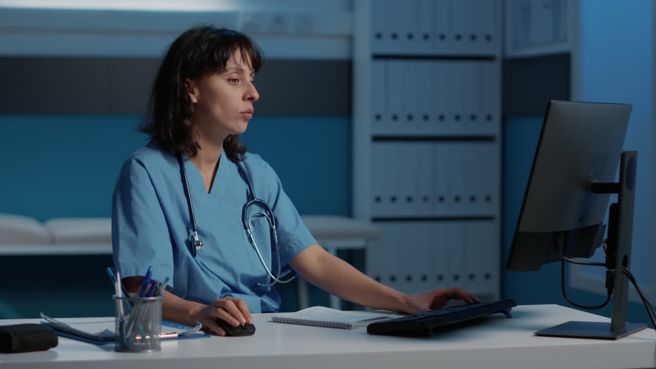 Nurse working on computer in hospital office