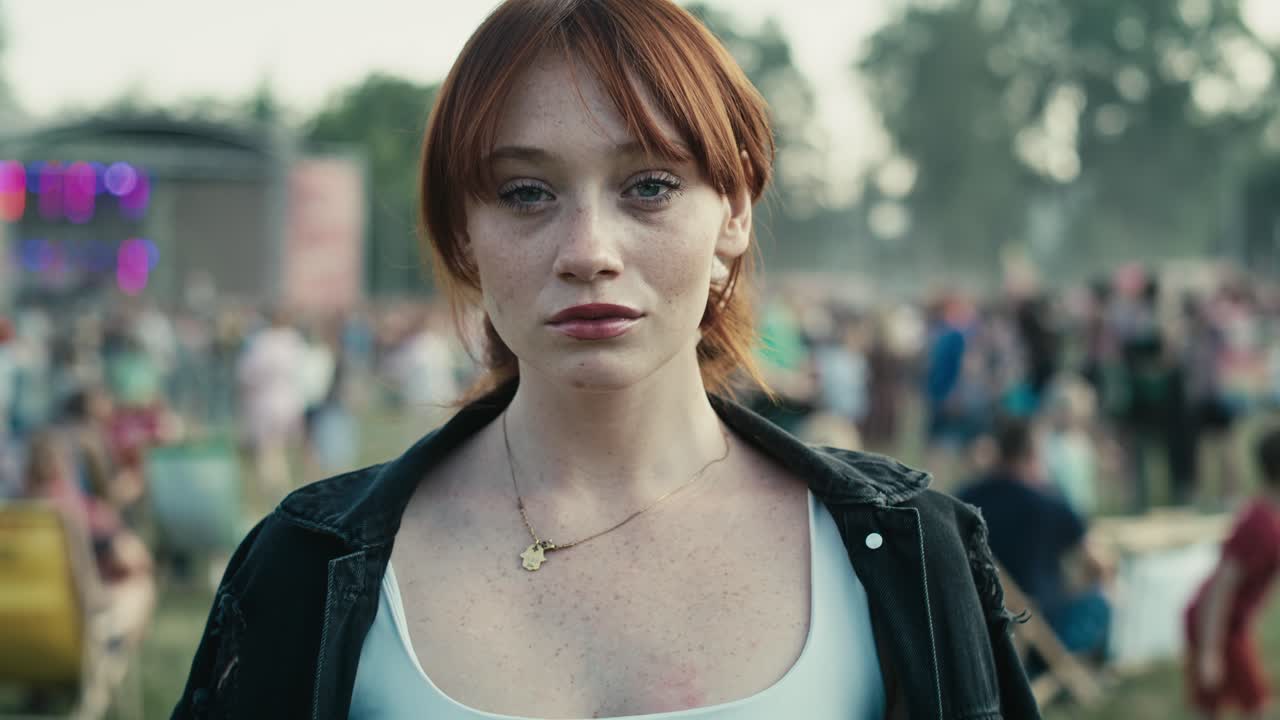 음악 페스티벌에서  ⁇ 은 머리 젊은 백인 여성의 초상화 중립적인 감정을 보여줍니다.