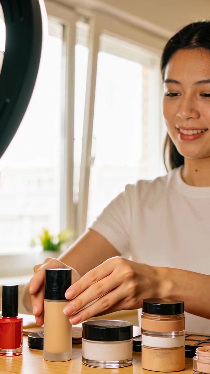Vertical video: Tidying woman prepping to record at home sorting makeup with ring light phone mount