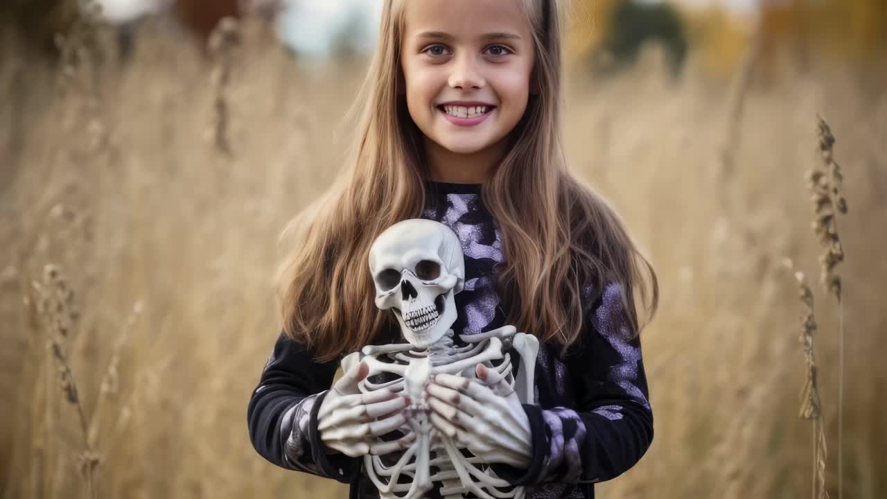 Portrait of a smiling girl wearing a whimsical Halloween costume, joyfully holding a skeleton in her hands while playing in a sunny field on a beautiful autumn afternoon