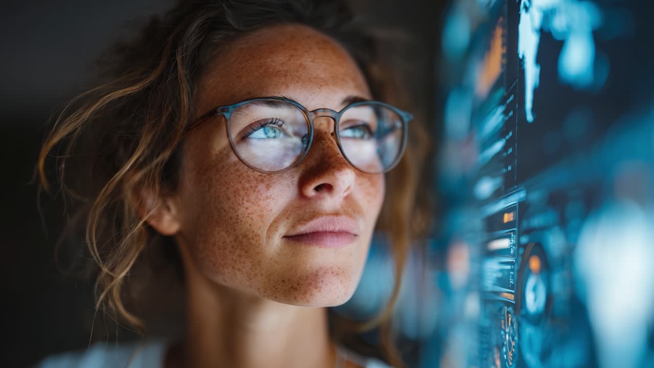 A young woman with glasses gazes thoughtfully at a digital display, showcasing data analytics and insights, pondering the information presented in a modern, tech-focused environment