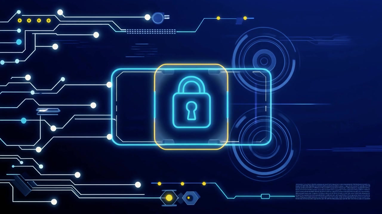Digital Security Padlock Icon on Abstract Circuit Board Background