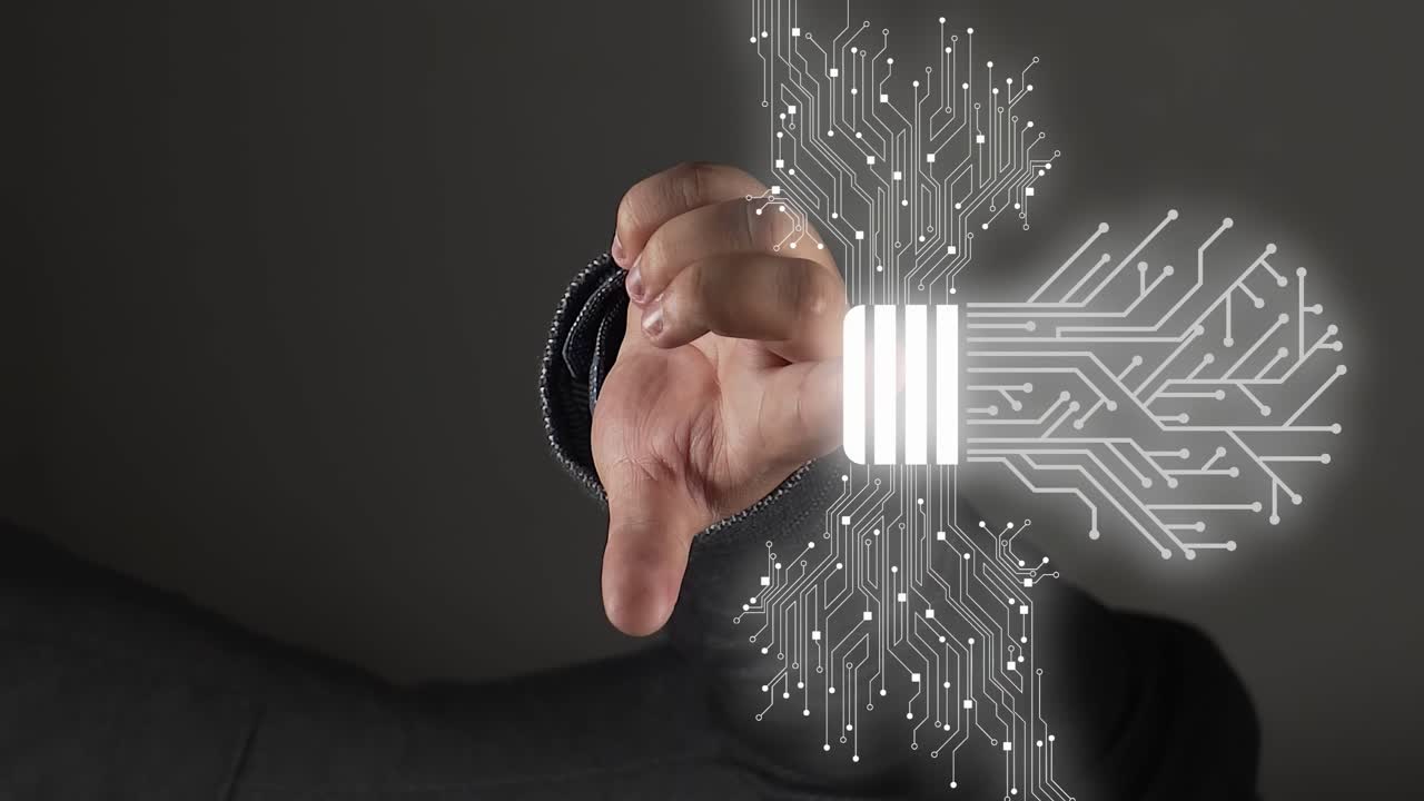 사람은 손가락으로 아이디어 홀로그램을 보여주고, 세로로 가까운 시야