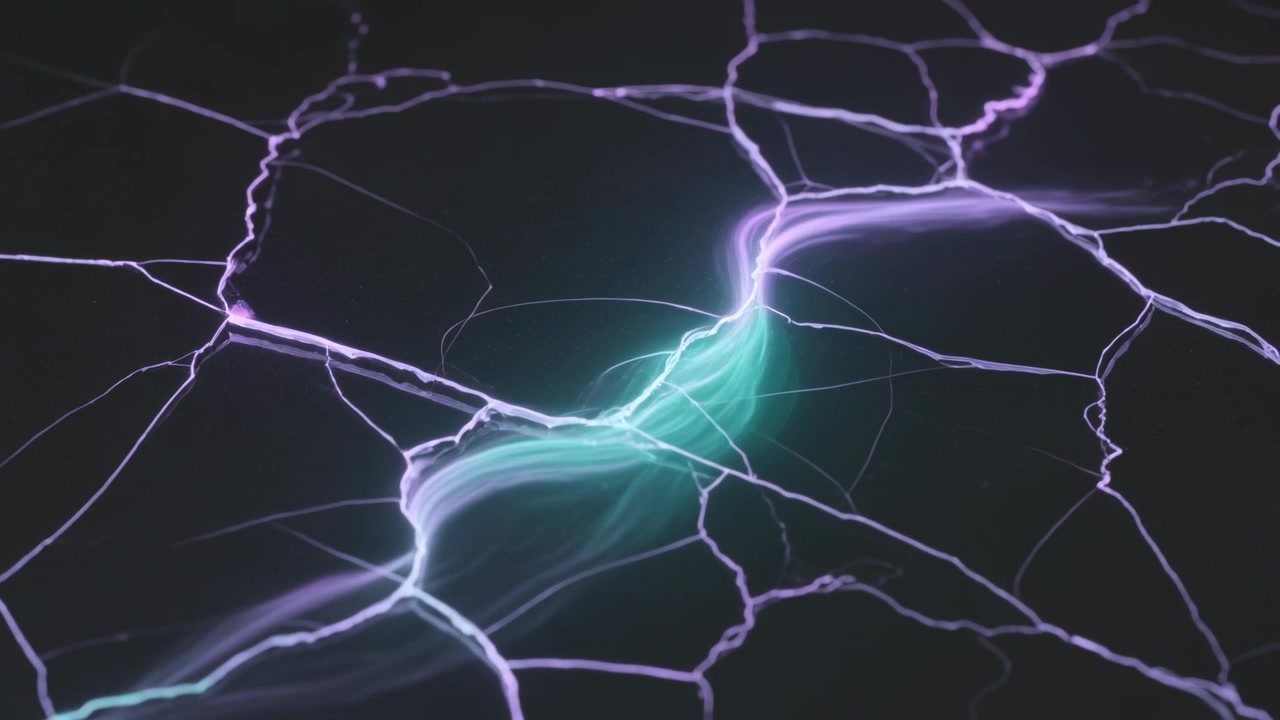 Brightening central energy ribbon flowing along branching fissures on dark plane, signaling surge