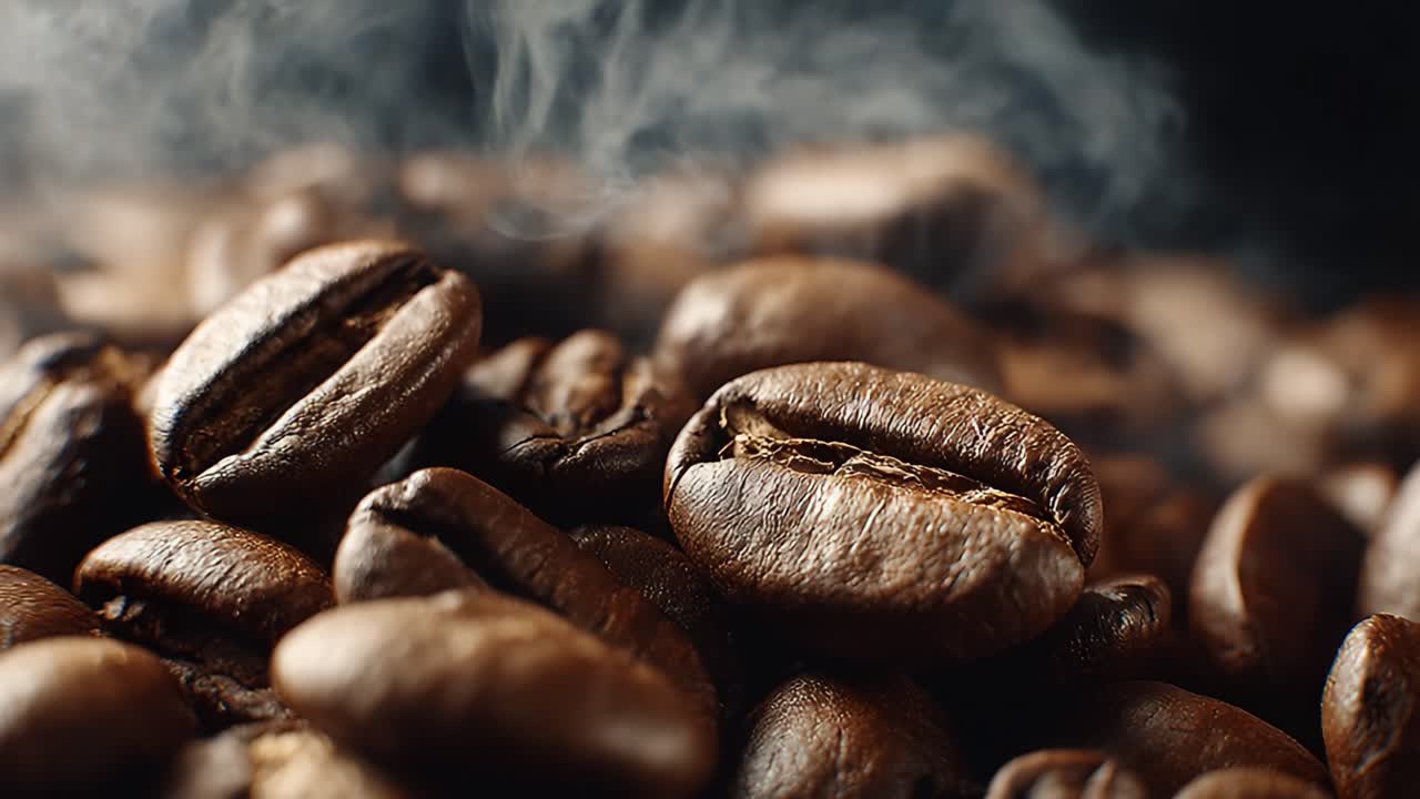 Et nærbillede af mørkristede kaffebønner, der afgiver aromatisk damp, fanger essensen af friskhed og smag i hver rig detalje.