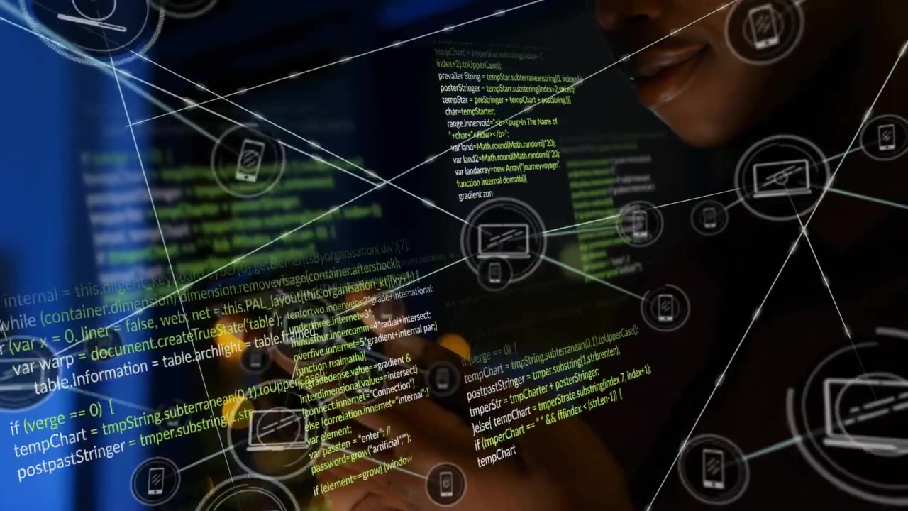 Woman tapping phone, activating green code and device icons, visualizing technology network flow