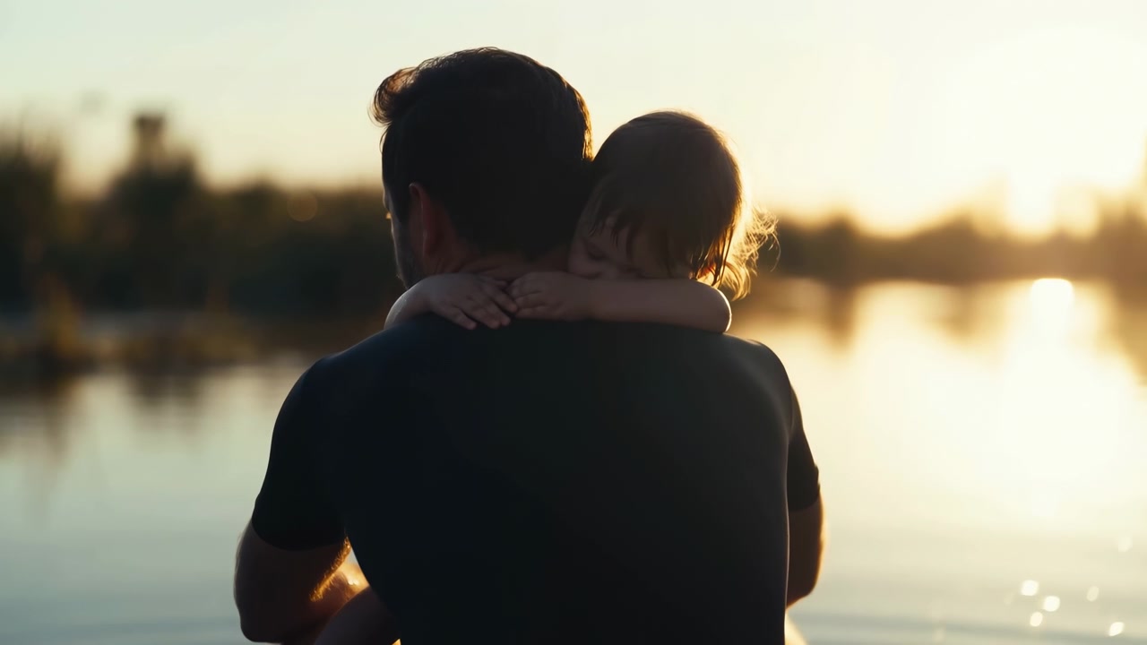 Un adulto tiene un bambino vicino a un lago calmo al tramonto, visti da dietro in una morbida silhouette con una calda luce dorata sui contorni, alberi sfocati, acqua riflettente e un'atmosfera esterna tranquilla, che evoca un abbraccio tra adulto e bambino.