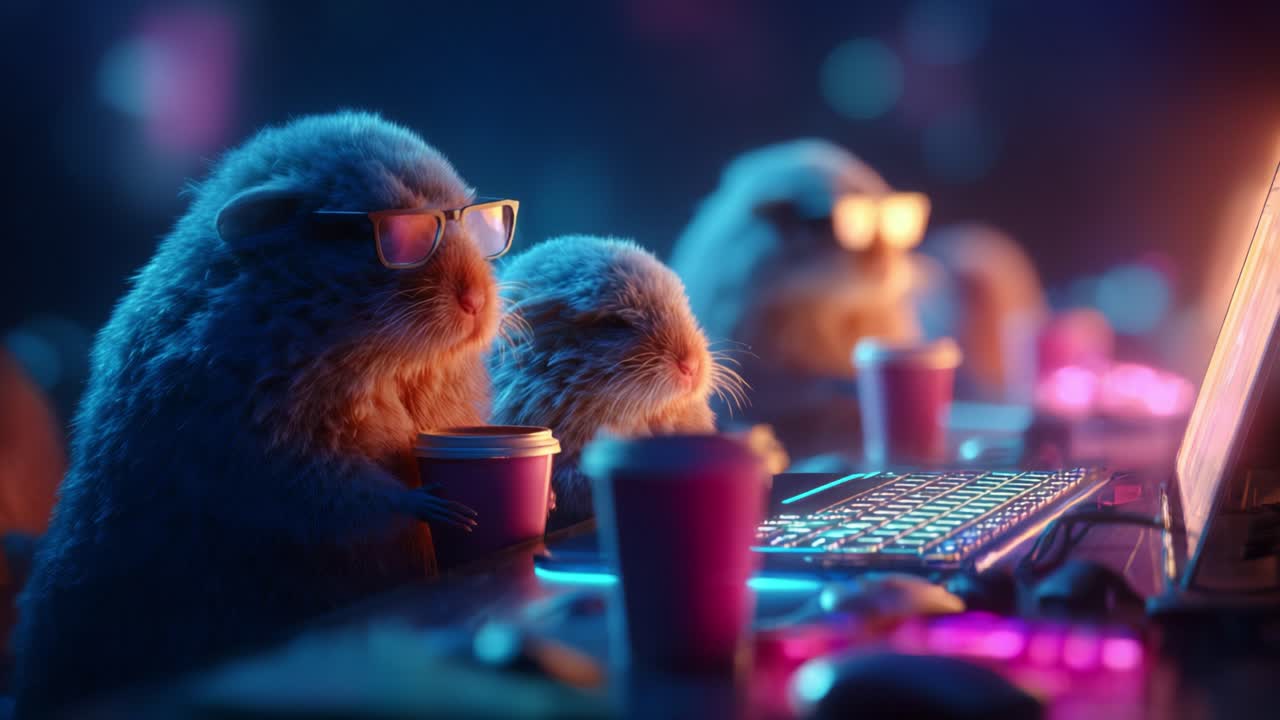 A group of adorable, tech-savvy rodents wearing glasses, intently focused on their computer screens while enjoying beverages, showcasing a whimsical blend of humor and creativity in a vibrant, colorful setting