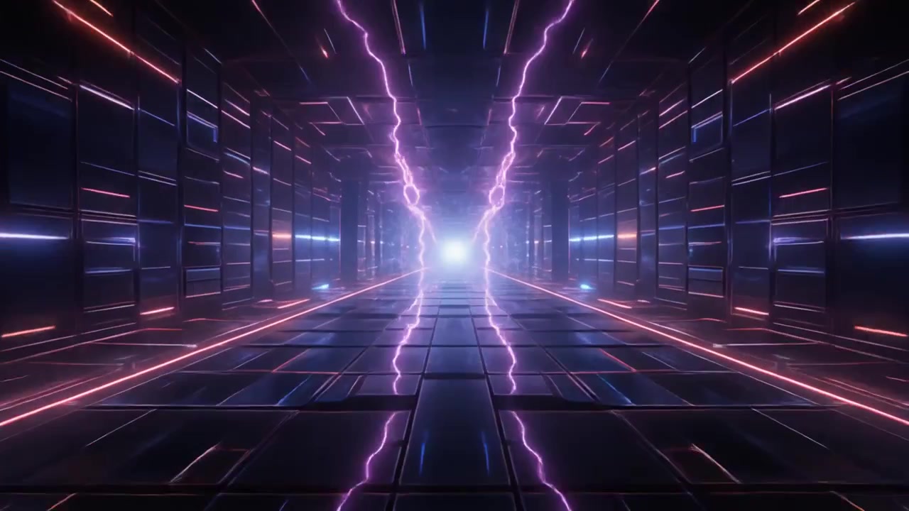 Futuristic Corridor with Glowing Purple Lightning and Neon Lights