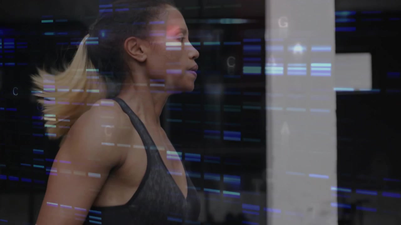 Woman wrist-turning, jumping rope near plates for fitness, panning upward, blue glitch sweeping