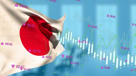 animation of financial data processing over flag of japan on blue background