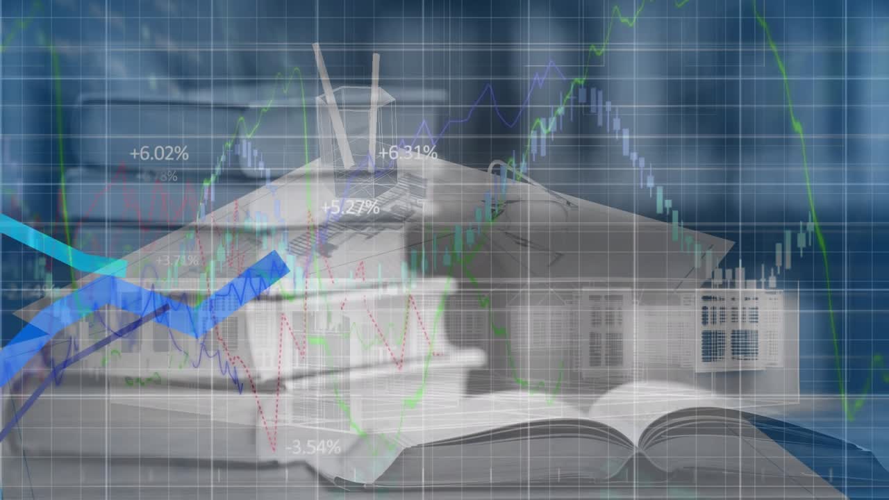 Animación de gráficos y datos financieros sobre un proyecto de casa en un fondo azul marino