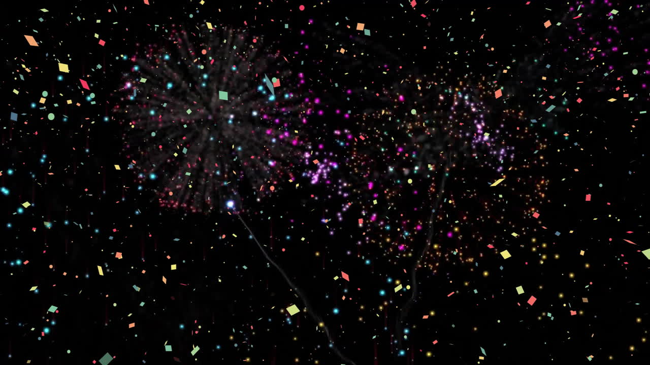 Sparkling particles in colorful fireworks animation over black background