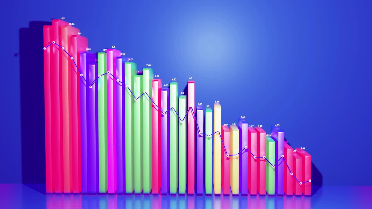 infografías en bucle abstractos de fondo con barras 3d multicolores en azul, por ejemplo. gráfico de degradación de columnas. fondo económico con espacio de copia en 4k. barras 3d como gráfico de datos estadísticos.