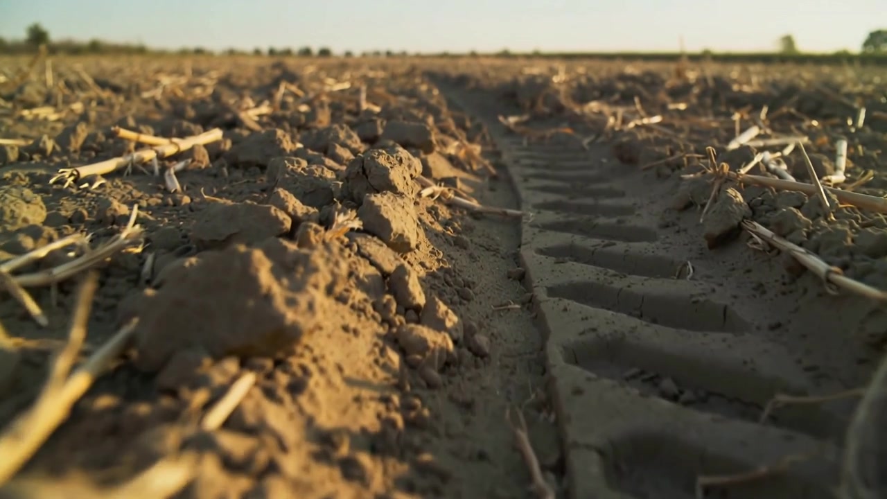 Pulling back low-angle camera revealing tractor tire tread in tilled field, documenting clods
