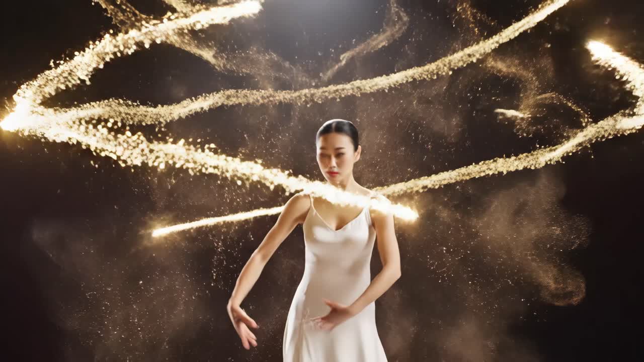 Elegant Woman Dancing with Golden Particles