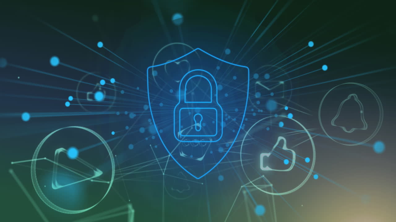 Animation of floating dots, padlock in shield icon in circles connected with lines