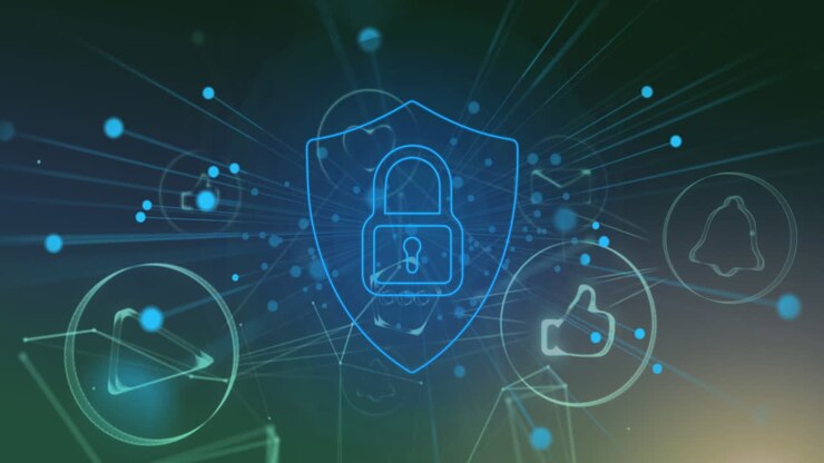 Animation of floating dots, padlock in shield icon in circles connected with lines