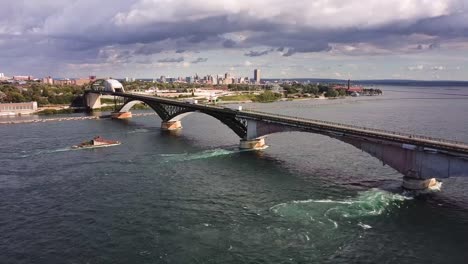 buffalo new york skyline aerial and the peace bridge over the niagara river