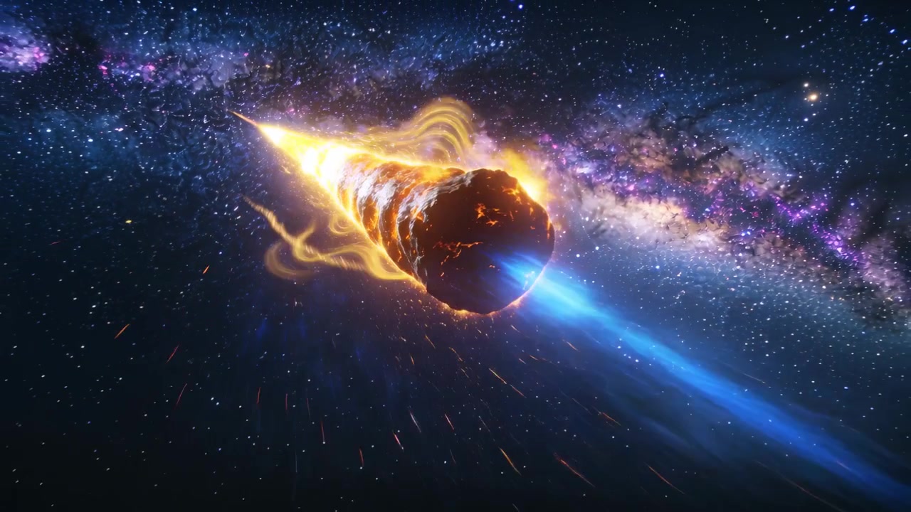 Glidende stenasteroid antænder en fremadrettet plasmakegle nær et galaksebånd, udsender en blå jetstråle og hale.