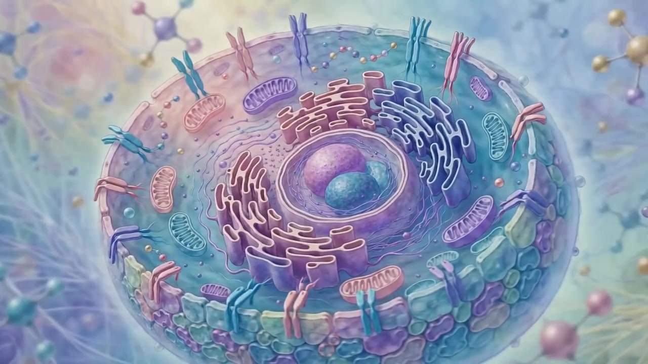 Diagramma biologico microscopico astratto della fusione cellulare in tonalità tenui, puramente educativo e non