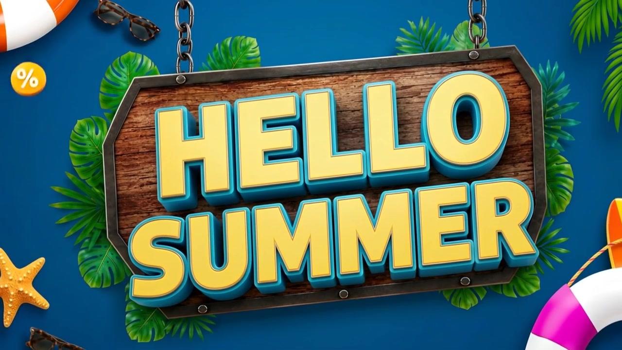 Hello Summer Animated Wooden Sign with Tropical Beach Elements