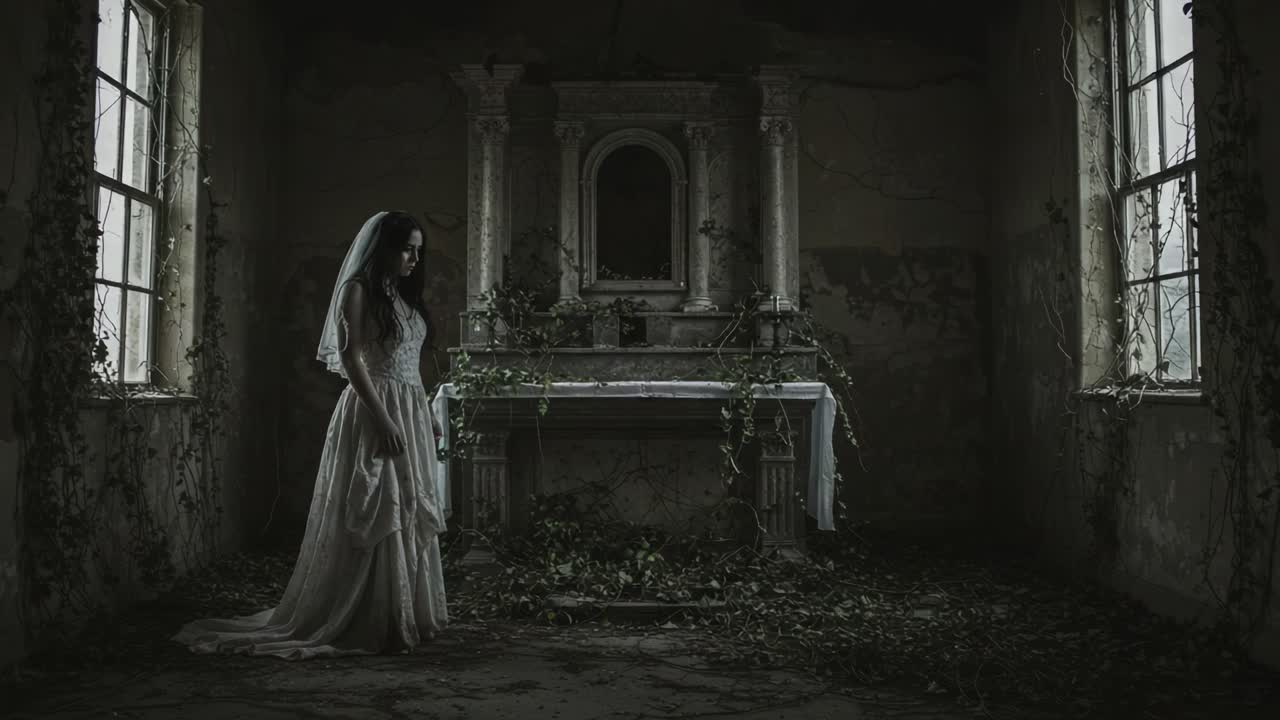 Ethereal Bride in a Haunted Abandoned Room, Bathed in Shadows and Surrounded by Overgrown Ivy, Captures the Essence of Melancholic Beauty and Mystery