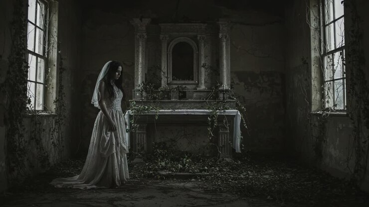 Sposa eterea in una stanza abbandonata e infestata, immersa nelle ombre e circondata da edera incolta, cattura l'essenza di bellezza malinconica e mistero