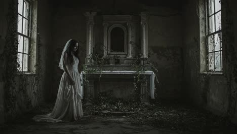 ethereal bride in a haunted abandoned room, bathed in shadows and surrounded by overgrown ivy, captures the essence of melancholic beauty and mystery