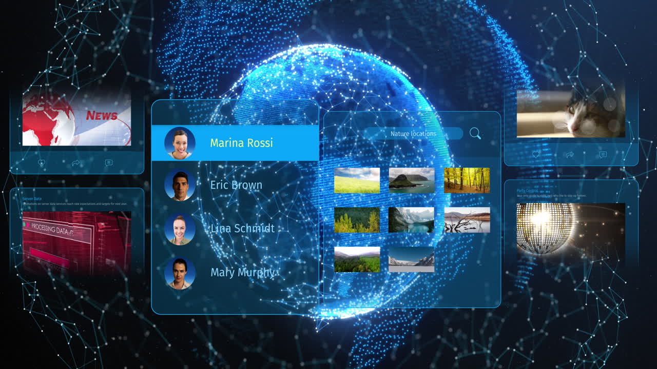 Animation of social media posts and people profiles over globe on black background