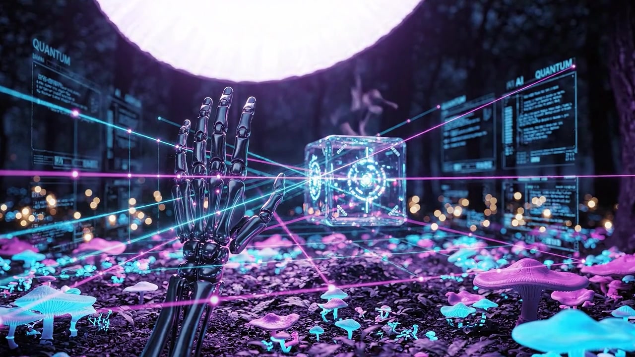 A Futuristic Cybernetic Hand Interacts with a Floating Quantum Cube Amidst a Glowing Landscape of Bioluminescent Mushrooms in a Mysterious Forest Environment