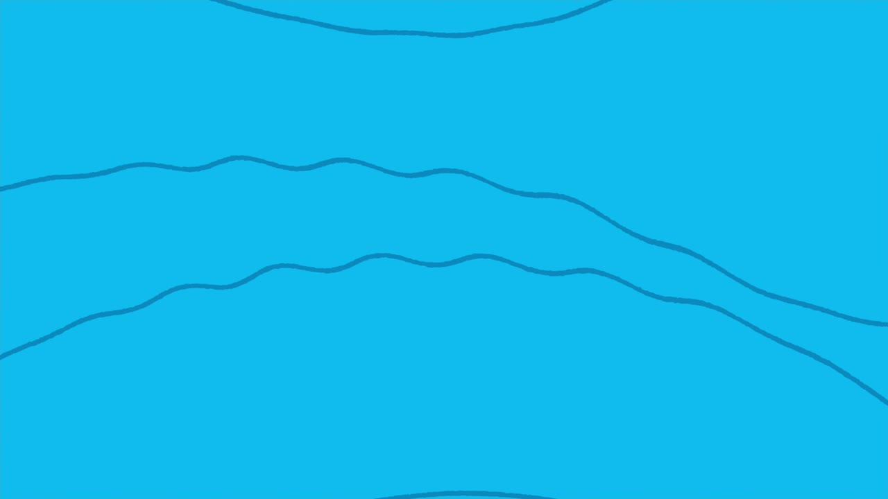 시안색 배경 위에 추상적으로 움직이는 파란색 선, 손으로 그린 애니메이션.