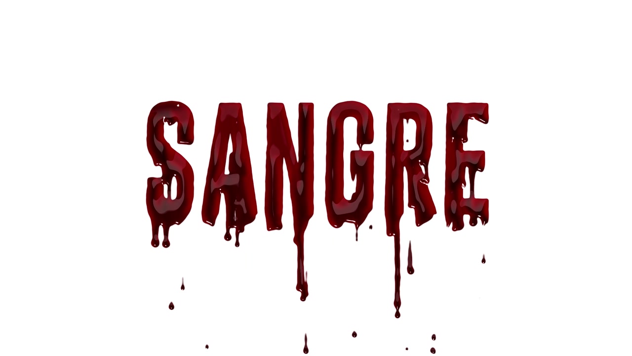 La palabra SANGRE goteando con un efecto de sangre realista, capturando una sensación de horror y misterio.