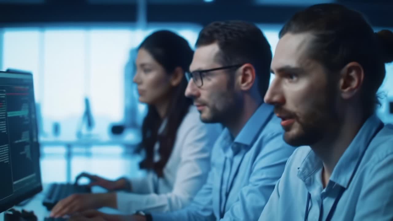 Focused Team of Professionals Collaborating with Technology in a Modern Workspace, Analyzing Data and Engaging with Computer Screens for Enhanced Productivity