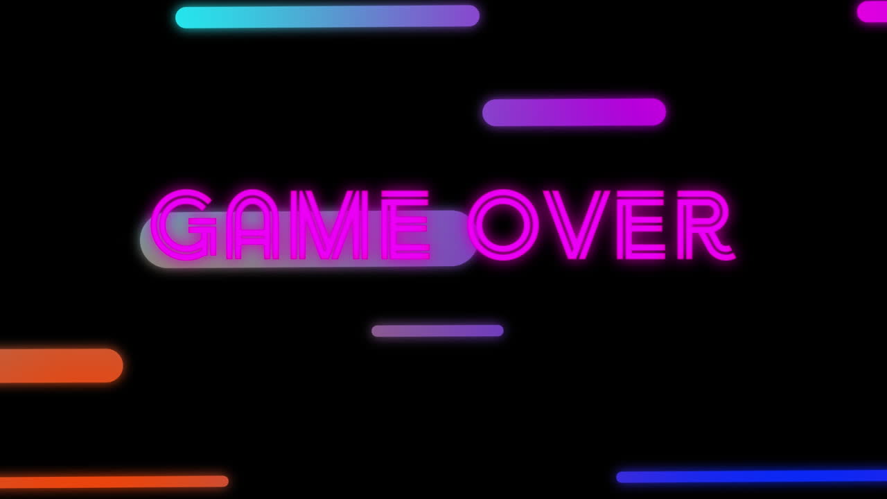 Animation of neon purple game over text banner over gradient light trails against black background