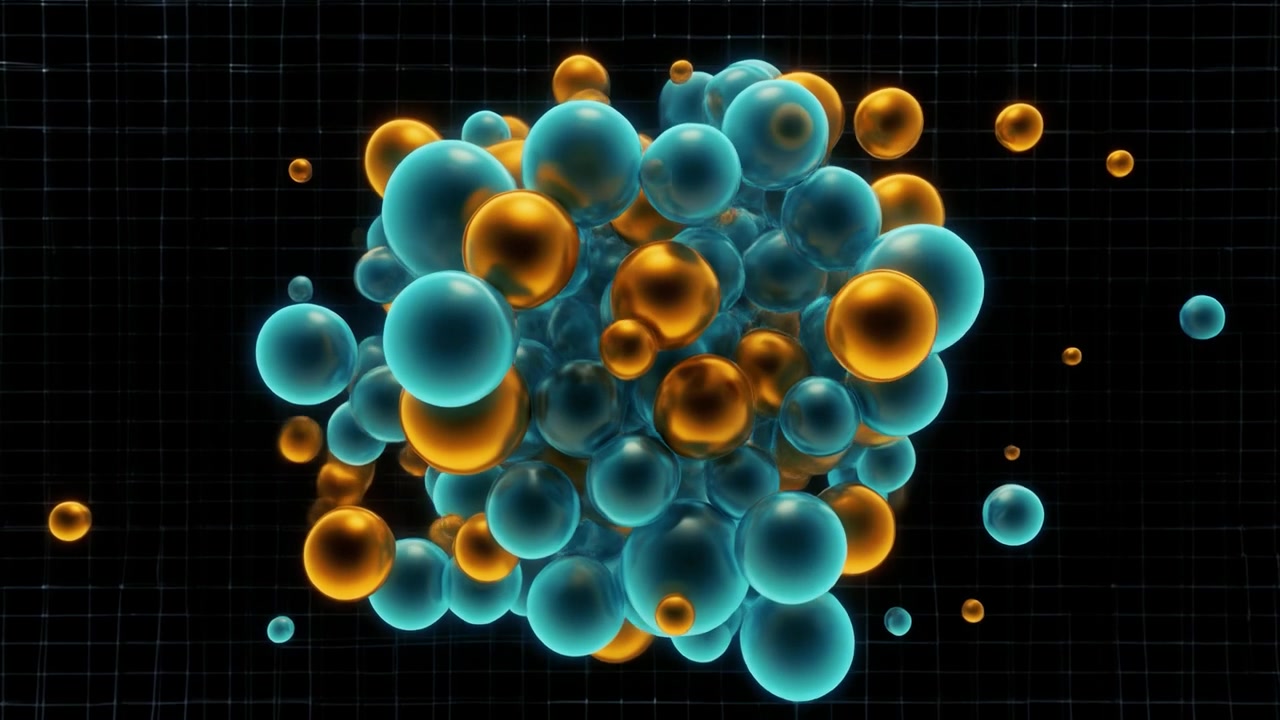 Abstract 3D Animation of Floating Gold and Cyan Spheres