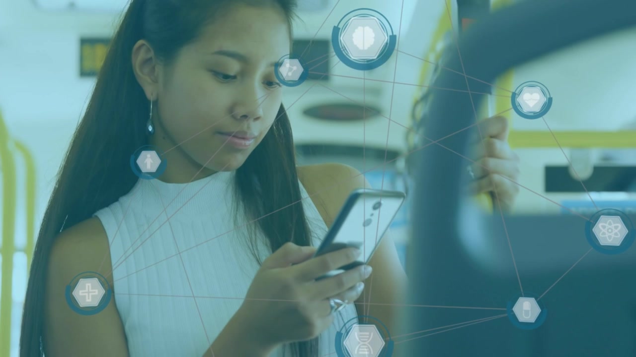Animation of network of connections over girl using smartphone