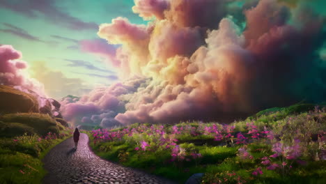 a dreamlike journey through a field of purple flowers under a sky of vibrant clouds