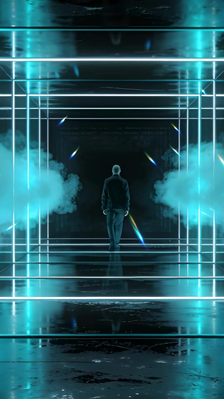 Vertical video: Man in dark jacket starting walking through neon frames, fog and floor to dark exit