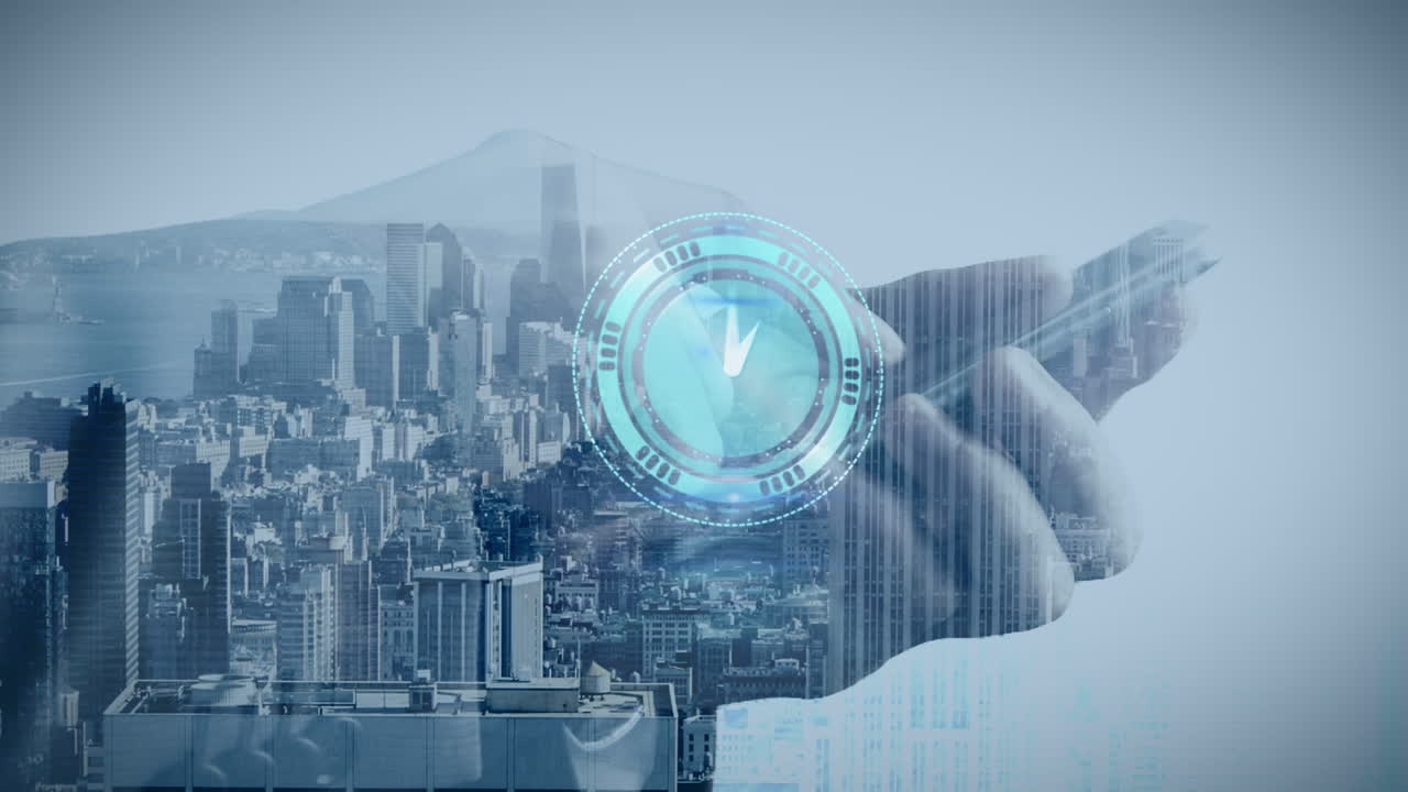 태블릿과 도시 풍경을 사용하여 코카시안 사업가의 손 위로 움직이는 시계의 애니메이션