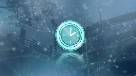 animation of clock moving over globe, connections and cityscape