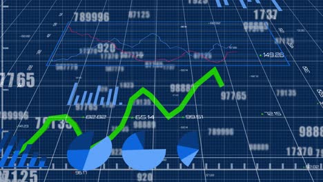 Múltiples-Números-Crecientes-Y-Procesamiento-De-Datos-Estadísticos-Contra-Líneas-De-Cuadrícula-Sobre-Fondo-Azul