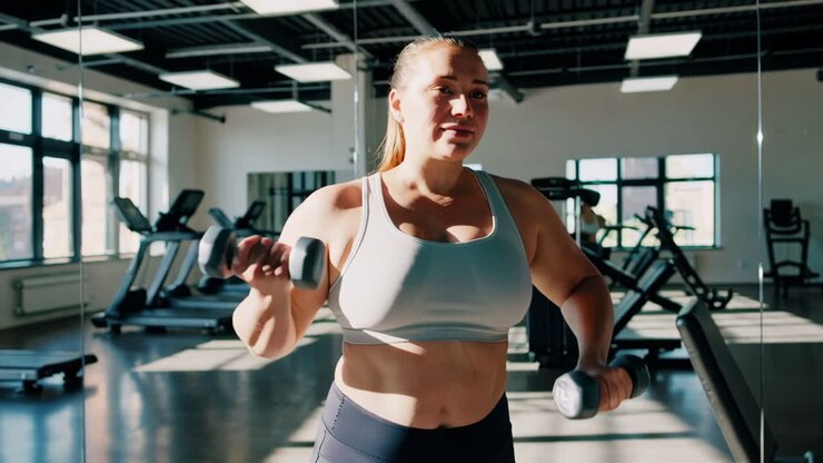 Plus-size woman working out with dumbbells in a gym
