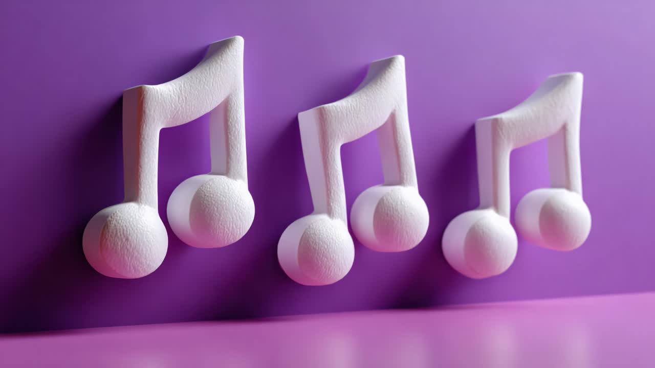 Fængslende fremvisning af tre kunstneriske musiknoder i hvidt mod en levende lilla baggrund, der symboliserer melodi og kreativitet