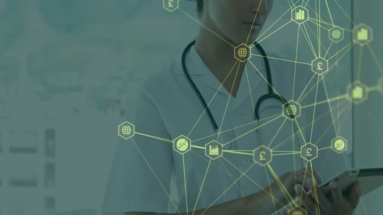 Using tablet with financial network connections animation, medical professional working