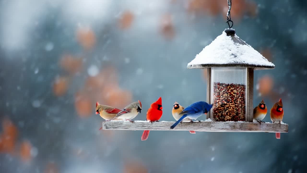 In einer ruhigen Winterlandschaft versammeln sich leuchtende Kardinäle und andere Vogelarten um eine schneebedeckte Futterstelle und schaffen so eine malerische Szene voller lebhafter Farben vor dem frostigen Hintergrund.